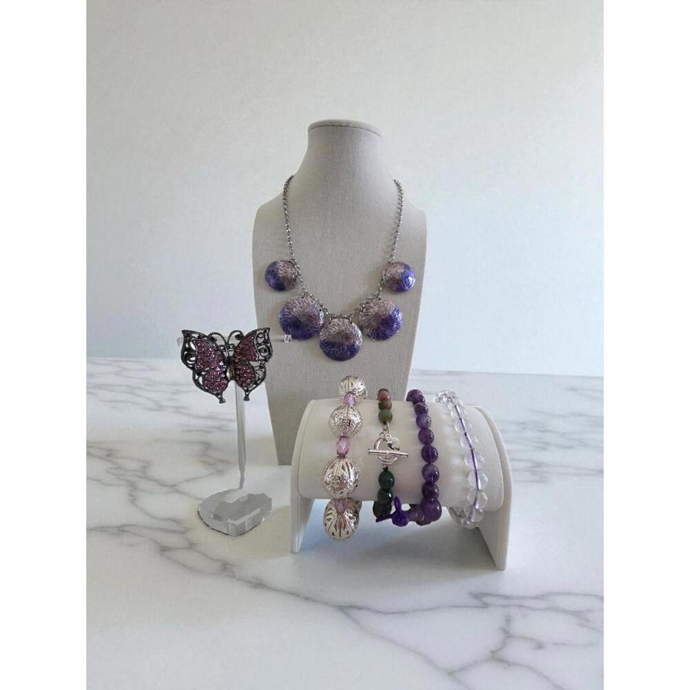 Vintage-Inspired Purple Jewelry – 4 Bracelets, Necklace & Butterfly Brooch
